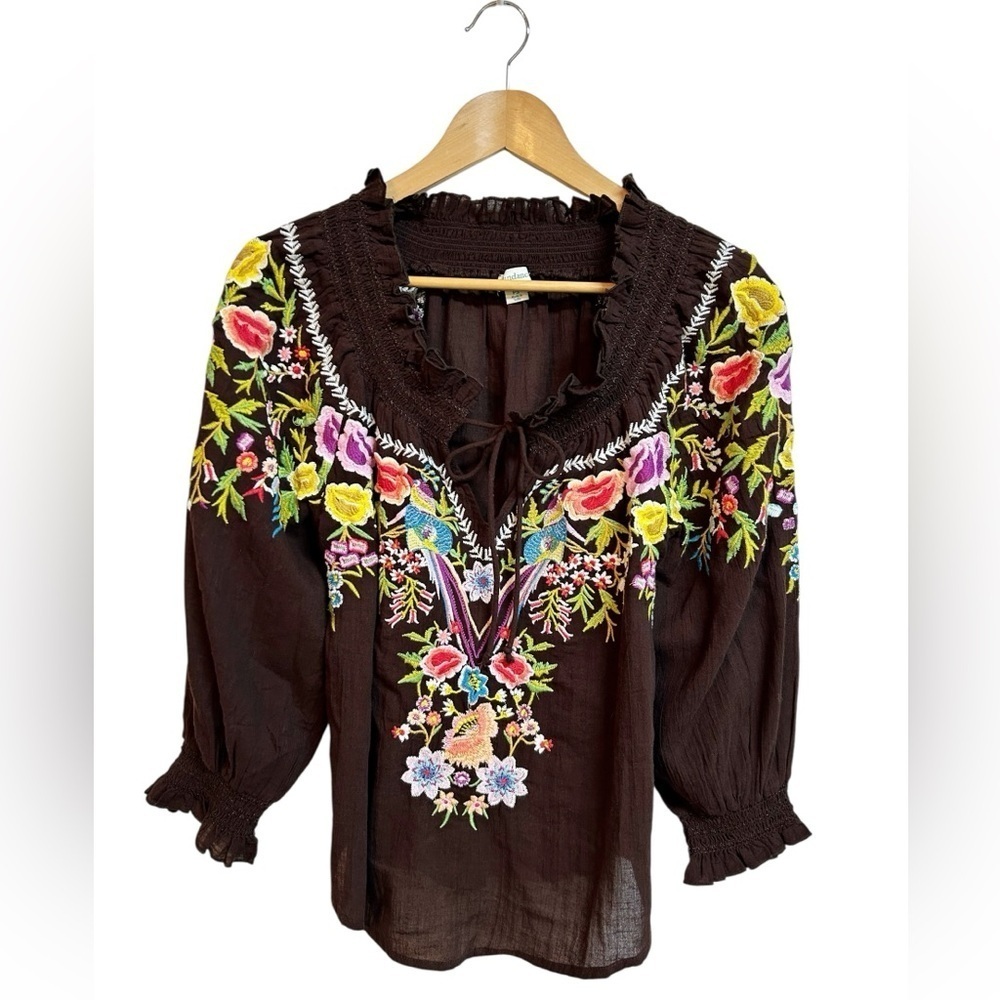 Sundance Amora Blooms Bird Floral Embroidered Boho Top Cotton Brown Small Petite - Picture 2 of 7